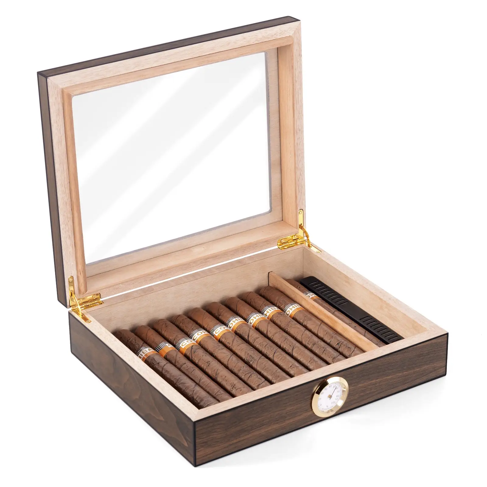 सिगार Humidor ग्लास शीर्ष सिगार बॉक्स आर्द्रतामापी Humidifier और विभक्त डेस्कटॉप देवदार लकड़ी भंडारण के मामले के साथ 20-30 रखती है सिगार