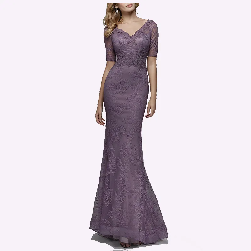 Custom Private Label Long Sheath Fitted Mermaid Lace Formal Evening Dress With Small Train