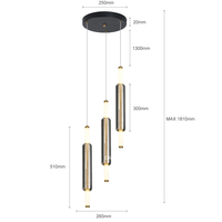 Suspension LED de luxe minimaliste à 3 têtes avec tubes en verre fumé, à fils longs réglables et alignés verticalement au centre, pour table à manger et bar domestique