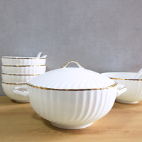 Service de table en céramique de luxe à bord doré, assiettes, bols, soupières et cuillères en porcelaine blanche, gamme professionnelle pour la restauration