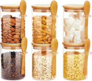 10oz Airtight Glass <b>Jars</b> Bamboo Lids Spoons Modern Detachable Reusable Kitchen Canisters Coffee Sugar Tea <b>Spice</b> Storage Stand - Product Image 1