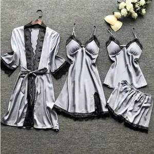 Sexy Women Satin Chiffon Nightgown Pajama Sleepwear Silk Floral Pajamas 4 Piece Set