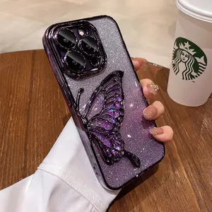Flowing Sand Butterfly Pattern Phone Cover Transparent Gradient Glitter TPU Soft Cases for iPhone 15 Pro Max /14 Pro Shockproof