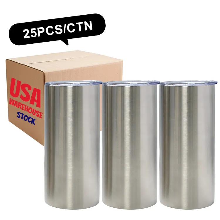 Free Shipping usa warehouse 15oz Straight Skinny silver Sublimation Stainless Steel Tumblers Cups with straw