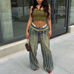 Pantalones Vaqueros Elásticos de Mezclilla para Mujer, Diseño de Varias Capas con Empalmes, Lavado Teñido, para las Cuatro Estaciones, en Oferta - Product Image 2