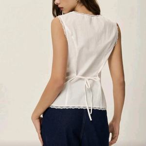 Chemisier en coton et lin à volants pour femme, idéal pour les vacances à la plage, chemise élégante en dentelle, tendance - Product Image 2