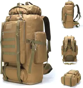 Hiking Camping Backpack MOLLE Rucksack Waterproof Daypack for Traveling, Khaki, Medium, 80-100L Hiking Backpack