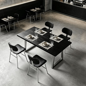 Tavoli Industriali in Legno Massello Nero con Sedie Imbottite per Caffè, Ristoranti, Bar, Piccoli Pub e Taverne - Telaio in Metallo Personalizzabile - Product Image 2