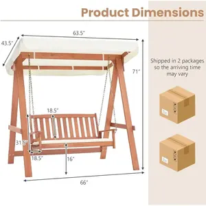 Balançoire pour 2 personnes avec auvent, balançoire en bois pour patio avec coussin amovible, chaînes de suspension en métal robustes, chaises d'extérieur - Product Image 5