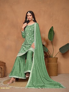 Vêtements indiens et pakistanais, ensemble salwar kameez en chinon avec palazzo et dupatta, taille plus, pantalons palazzo, ensembles de costumes en gros - Product Image 5