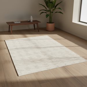 Tappeto in Lana Contemporaneo Color Avorio con Design Astratto Inciso, a Pelo Alto e Basso, Variazione <span class=keywords><strong>Tonale</strong></span>, Fatto a Mano, Eco-Friendly, Lusso per la Casa - Product Image 2