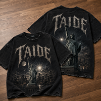 T-shirt TaiDe en coton BCI 280 GSM, délavage minéral, imprimé Statue de la Liberté style gothique Old English, coupe oversize pour homme, effet vieilli et déchiré, coupé-cousu