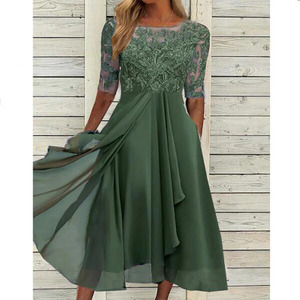 Joydressing Elegante Abito Grigio per la Madre della Sposa, in Pizzo con Mezza Manica, in Chiffon, Lunghezza Midi, per Ospiti di Matrimonio e Feste, Vendita all'Ingrosso e Personalizzazione - Product Image 3