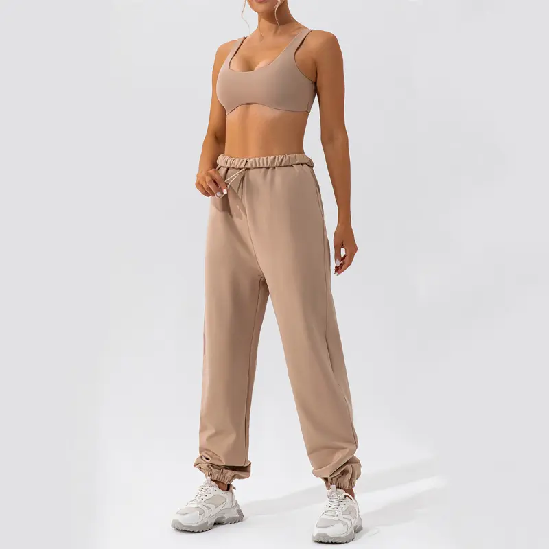 Gymatyyoga Sportswear Blank pantaloni da jogging personalizzati in pile di spugna ampio cotone reggiseno 2 pezzi con pantaloni della tuta oversize Set donna