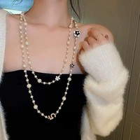Collier vintage de luxe pour femme, motif camélia, numéro 5, long, multicouche, chaîne de pull, perles, plaqué or, bijoux de mariage