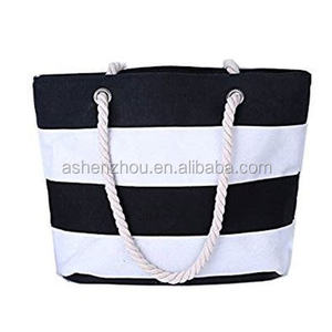 Sacs en toile de coton personnalisés, sac de plage promotionnel en coton, sac fourre-tout rayé noir et blanc pour femmes - Product Image 6