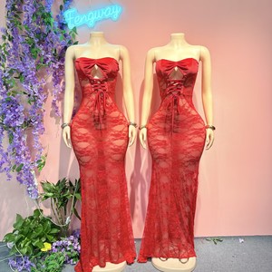 Nuovo Arrivo 2026 Abito Lungo Aderente Sexy in Pizzo Trasparente da Donna, Stile <span class=keywords><strong>Bustier</strong></span> con Allacciatura Halter, per Serate Eleganti - Product Image 1