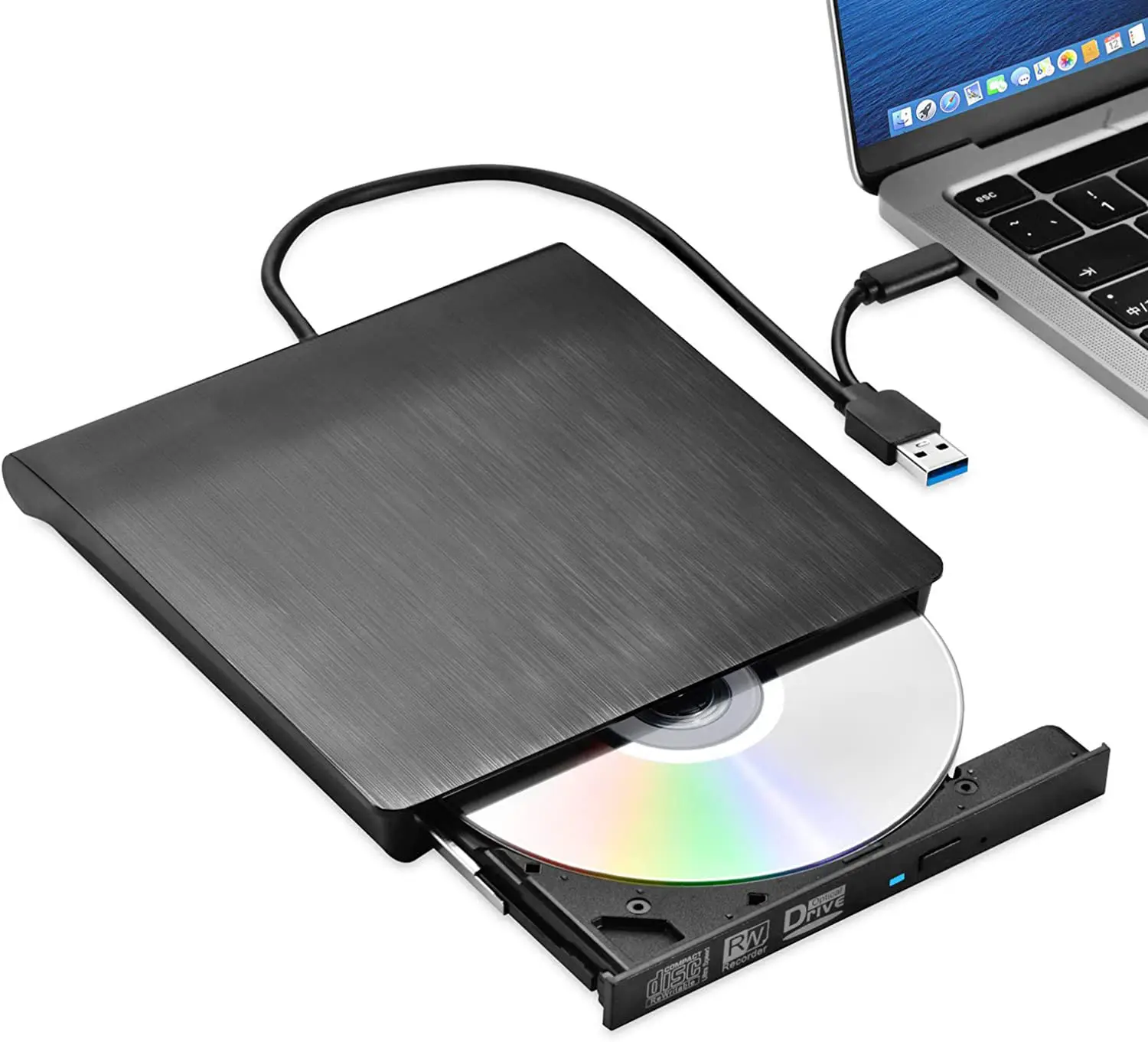 External CD/DVD Drive USB 3.0 & USB-C, Premium Portable CD DVD ROM +/- RW Optical Drive Player Reader Writer Burner for Mac MacB
