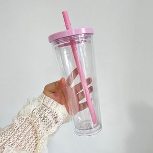 24Oz/700Ml <b>Plastic</b> Acrylic Transparent Double Wall Clear Insulated Bubble Tea <b>Cups</b> With Wide Reusable Straw for Diy - Product Image 3
