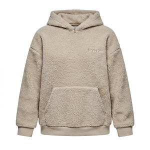 Beige <b>Sherpa</b> <b>Lined</b> Hoodie Pullover Sweatshirt with Front Logo and Pocket Oversized Fit for Winter Casual Wear - Product Image 1