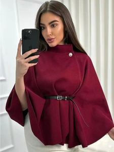 Chaqueta de Mujer de Alta Gama Vintage, Estilo Poncho Regular con Cuello Mao y Mangas Murciélago - Product Image 1