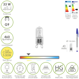 G-9 <b>Halogen</b> <b>Bulb</b> 33W. 460 lumens. Warm light (3000K) - Product Image 1
