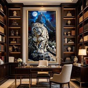Luxury Snow Leopard Wall Art Full Moon Mountain Scene Wild Animal Wall Crystal Porcelain Painting LED Living Room Home Decor - Product Image 5