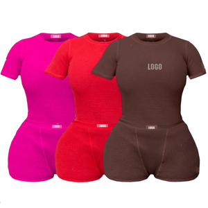 2024 Benutzerdefiniertes Logo Damenkleidung Übergröße Jersey Baumwolle Gerippte Loungewear Damen-Sets Boyshorts Freizeitkleidung 2-teilige Sets für Frauen - Product Image 1