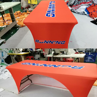 Nappe de table en polyester imperméable et extensible avec logo imprimé par sublimation personnalisée pour salon professionnel