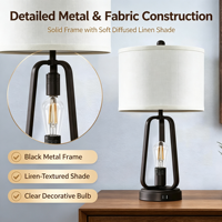 Lampe de table industrielle en métal avec port de charge USB, abat-jour en tissu, lampe de bureau pour chambre à coucher, salon