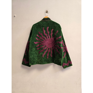 Green <b>Velvet</b> <b>Women's</b> Zip <b>Jacket</b> With Stand Collar And Purple Embroidered Sun Pattern - Product Image 3