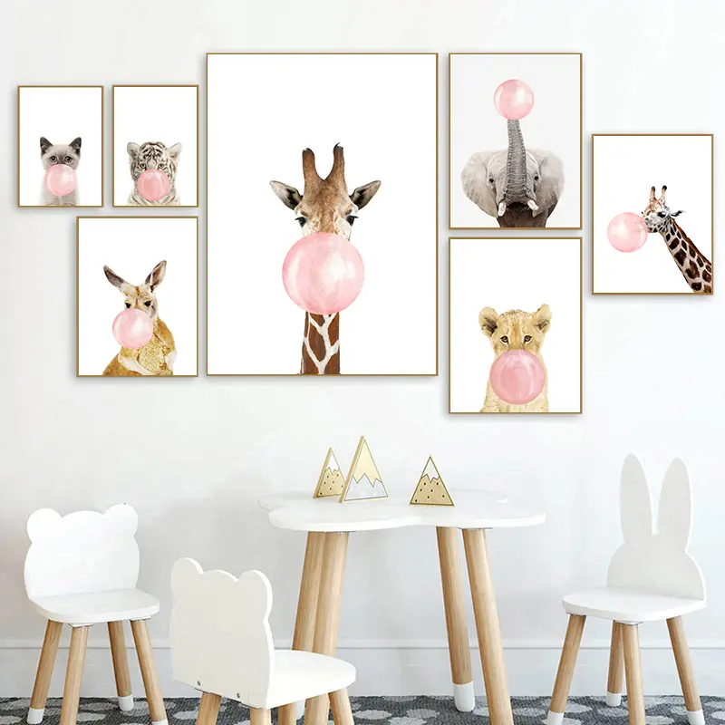 Pink Bubble Elephant Giraffe Poster Print Animal Nursery Wall Art Canvas Painting Child Picture Nordic Kids Baby Room Decoration
