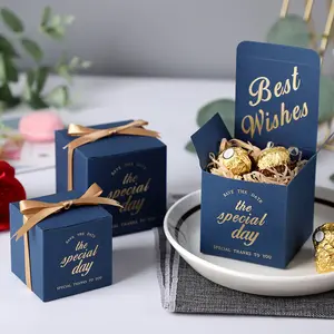 Bordo ve mavi kare düğün tarihi kaydetmek Favor kutusu vermek çikolata depolama şeker kutusu altın folyo hatıra ambalaj kutusu