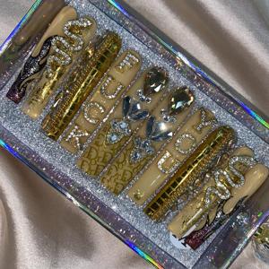 <span class=keywords><strong>Uñas</strong></span> postizas acrílicas 3D de cobertura completa con forma de ataúd largo, con diamantes de imitación y purpurina, reutilizables <span class=keywords><strong>para</strong></span> mujer, uso diario, fiestas y bodas - Product Image 4