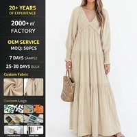Vestido Maxi Personalizado Beige con Cuello en V, Escote Fruncido, Puños y Mangas Largas, Estilo Cottagecore Boho Chic, Elegante para Primavera/Verano, OEM/ODM