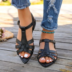 Sandalias Casuales Planas con Punta Abierta, Diseño de Tira en T con Nudo, Hebilla Ajustable en la Correa del Tobillo, Zapatos de Verano - Product Image 6