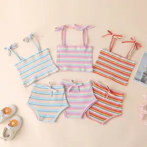 INS 2022 style cross border foreign trade baby clothes new summer color pit stripe suspender + baby girl shorts suit s two-piece