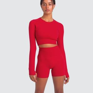2025 automne femmes Fitness <span class=keywords><strong>sport</strong></span> salle de <span class=keywords><strong>sport</strong></span> à manches longues vêtements de <span class=keywords><strong>sport</strong></span> 2 pièces Shorts d'entraînement Leggings ensemble imprimé Logo Yoga haut <span class=keywords><strong>bas</strong></span> - Product Image 4