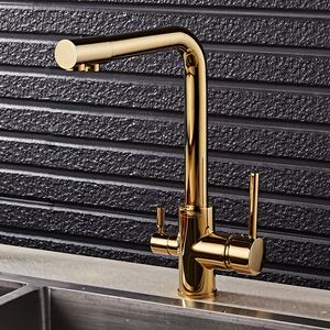 In ottone Deck Mounted <span class=keywords><strong>Oro</strong></span> 3 Vie Kitchen Sink Faucet Mixer Dual Maniglia Dorata Sano Bere Cucina Rubinetti Acqua GF1501 - Product Image 1