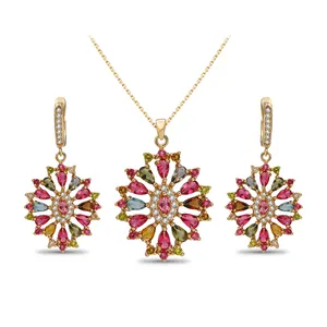 VANFI Floral colored stone gold women's earrings necklace set