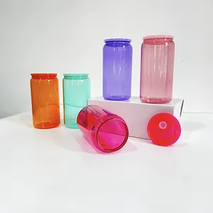 罐形饮料玻璃瓶用于升华甜糖果色空白16盎司升华彩色透明玻璃罐