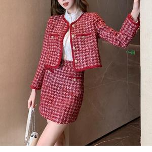 Elegante Traje de Mujer Estilo Otoñal, Chaqueta Corta de Tweed con Estampado de <span class=keywords><strong>Mil</strong></span> Pájaros, Falda de Cintura Alta, Conjunto de <span class=keywords><strong>Dos</strong></span> Piezas - Product Image 2