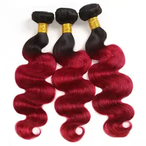 Venda por atacado t1 borgonha ombre, cabelo brasileiro virgem 3 pacotes de cabelo vermelho escuro colorido cabelo humano