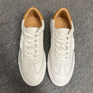 <b>White</b> Genuine Leather Sneakers Men Lightweight Breathable Casual Shoes Front <b>Laces</b> Solid Color Leisure Style - Product Image 2