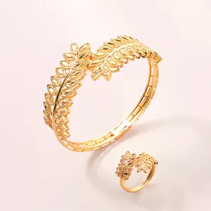핫 잘 팔리는 패션 보석 Set 두 줄 의 잎 Bridal 빈티지 및 과장 18K 금 링 지르콘 Bracelet Set