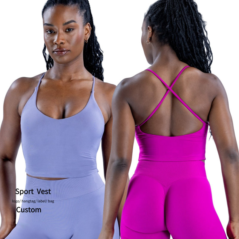 Seamless Spaghetti Strap Sports Bra Yoga Vest Cross Back Tight Fitting Gym Top Custom Women Running Tank Top Breathable Crop Top