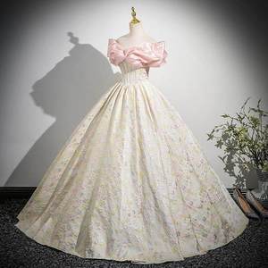 Champagne Off The Shoulder Ball Gown Floral Print Empire Waistline Evening Dress For Stage Performance Banquet Coming Of Age - Product Image 3