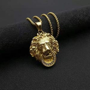 yunnique Lion Head Pendant Necklace Stainless Steel Gold Plated Rhinestone Unisex Party Jewelry - Product Image 2
