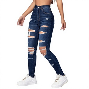 2025 femmes décontracté Vintage Style Stretch grande taille taille haute jean moulant coupe ajustée genou déchiré Denim tissu respirant - Product Image 6