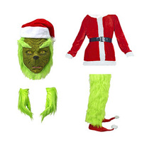 Costume de monstre vert en fourrure pour adulte, inspiré du Père Noël, ensemble en polyester, tenue de cosplay d'Halloween pour homme, vente en gros transfrontalière